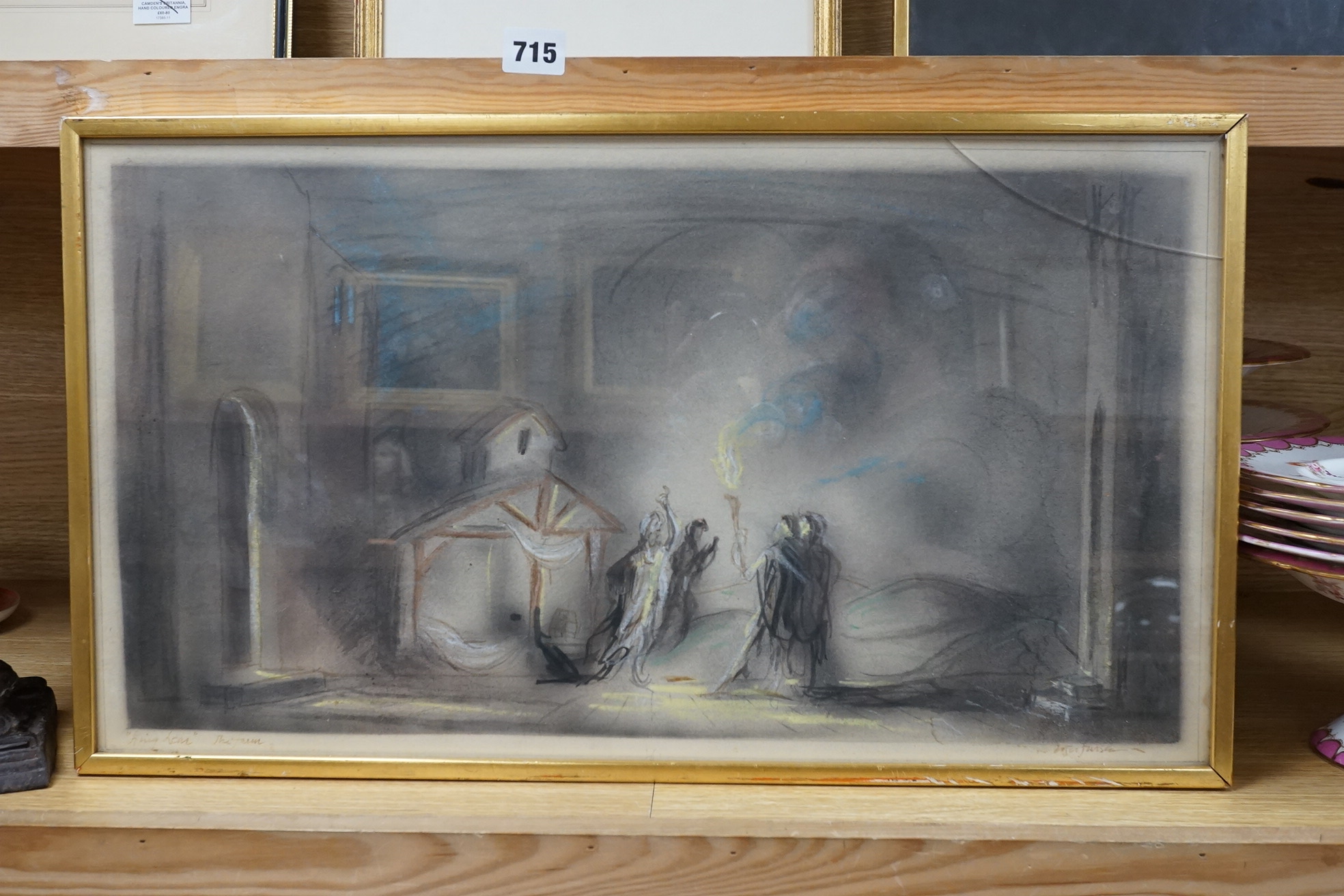 Roger Furse (1903-1972), theatrical interest pastel and mixed media, Scene from King Lear, signed and inscribed in ink, 31 x 56cm. Condition - fair